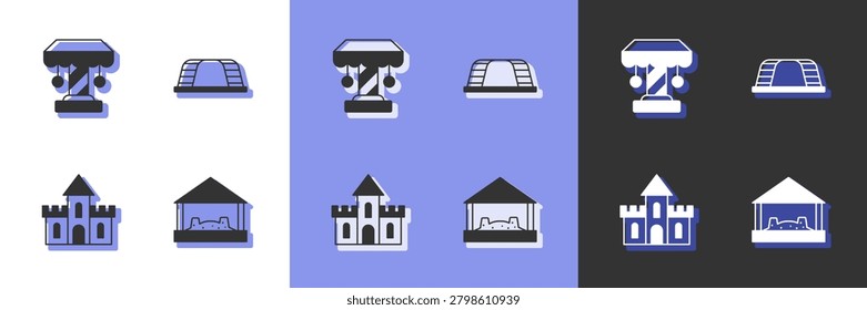 Set Sandbox with sand, Attraction carousel, castle and Monkey bar icon. Vector