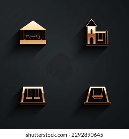 Set Sandbox with sand, Swing for kids, Swings and  icon with long shadow. Vector