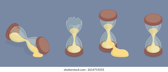 Set of sandglass. Time is up, wasting time, procrastination, deadline or crisis concept. Broken, whole, and with flowing sand sandglass. 3d flat isometric vector illustration eps 10.