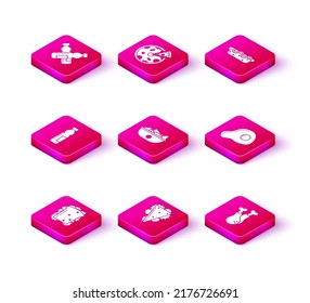 Set Sandwich, Bottle of water, Nachos in plate, Chicken leg, Scrambled eggs, Hotdog sandwich with mustard and Pizza icon. Vector