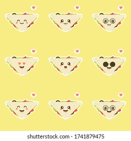set of sandwich bread character with vegetables. breakfast. slice cheese sandwich with tomato, lettuce & bacon, sausage flat design style. tasty & Appetizing vegetarian food.