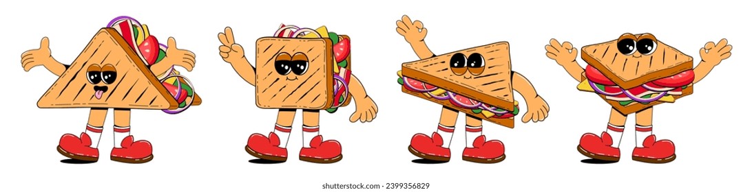 Set of sandwich characters in retro cartoon style. Fast food mascot vector illustration.