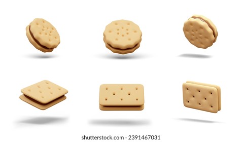 Set of sandwich cookies of different shapes. Round and rectangular cookies with filling. Isolated vector images in different positions on white background. Crispy flour snacks