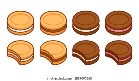 Set of sandwich cookies, vanilla and chocolate, with different filling. Bite showing cross section. Simple cartoon vector illustration.