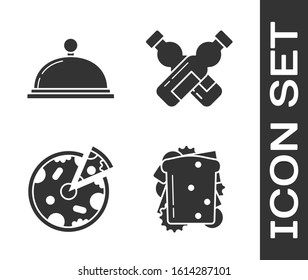 Set Sandwich, Covered with a tray of food, Pizza and Crossed bottle of water icon. Vector