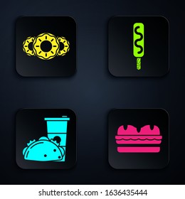 Set Sandwich, Donut with sweet glaze, Paper glass and taco with tortilla and Ice cream. Black square button. Vector