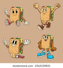 Set of Sandwich Food Cartoon Character in Retro 70s Illustration