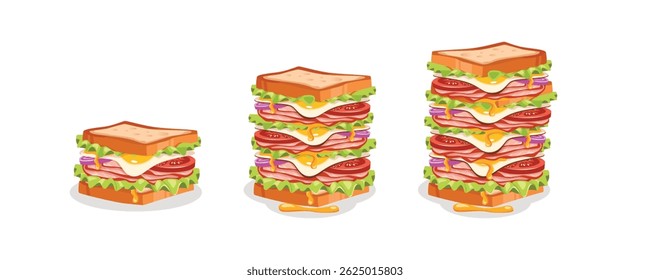 Conjunto de sanduíche Comida Ícone Vetor Cartoon, grande camada de sanduíche, ilustração café da manhã, sanduíche Baguette, hambúrguer, Food Object Icon Concept Isolado no fundo branco.