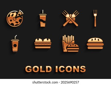 Set Sandwich, Fork, Burger, french fries in carton package box, Paper glass with drinking straw water, Crossed fork, Pizza and  icon. Vector