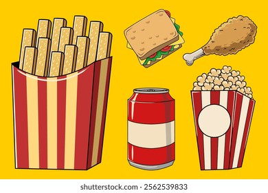 Set of Sandwich, French Fries, Sandwich, Soda, Pop Corn Food Vector Cartoon in Retro 70s Illustration