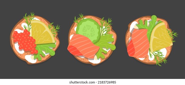 Set sandwich. Fresh red fish, caviar, dill, lettuce and lemon. Seafood ingredient. Delicious and appetizing food. Cooking and lunch. Flat vector illustration isolated on black background