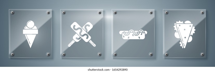 Set Sandwich, Hotdog sandwich with mustard, Ice cream and Ice cream in waffle cone. Square glass panels. Vector