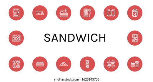 Set of sandwich icons. Such as Sandwich, Loaf, Bread, Churros, Cracknels, Burrito, Cookies, Shawarma, Burger, Cookie, Snack , sandwich icons