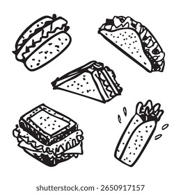 Set of sandwich illustrations: Hotdog, Hamburger, Kebab and Barreto. Hand drawn vector style in black and white. Suitable for use as illustrations or decorative elements.