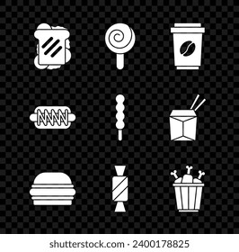 Set Sandwich, Lollipop, Coffee cup to go, Burger, Candy, Chicken leg in package box, Hotdog sandwich and  icon. Vector