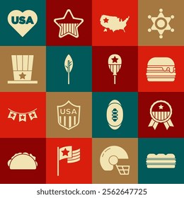 Set Sandwich, Medal with star, Burger, USA map, Indian feather, Patriotic American top hat, Independence day and Balloons icon. Vector