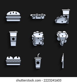 Set Sandwich, Paper glass with drinking straw water, Knife, taco tortilla and Burger icon. Vector