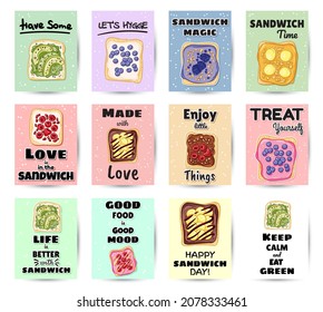 Set of sandwich postcards. Toast bread sandwiches with peanut butter, fruits and berries healthy poster collection. Breakfast or lunch vegan food. Stock vegan food print