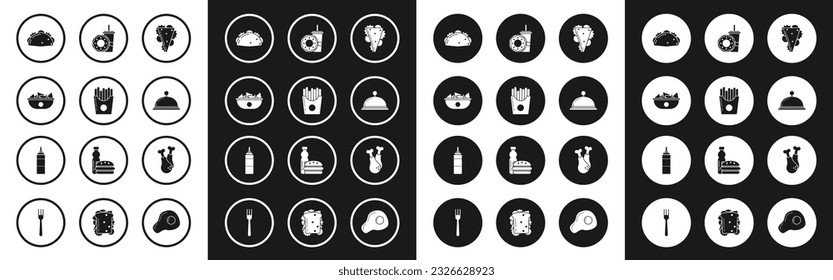 Set Sandwich, Potatoes french fries in carton package box, Nachos plate, Taco with tortilla, Covered tray of food, Paper glass drinking straw donut, Chicken leg and Sauce bottle icon. Vector