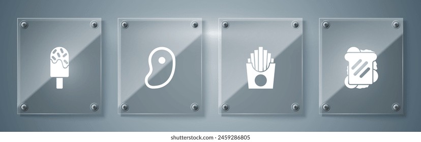 Set Sandwich, Potatoes french fries in box, Steak meat and Ice cream. Square glass panels. Vector