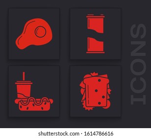Set Sandwich, Scrambled eggs, Soda can and Paper glass with drinking straw and hotdog icon. Vector