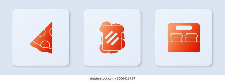 Set Sandwich, Slice of pizza and Coffee cup to go. White square button. Vector