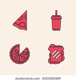 Set Sandwich, Slice of pizza, Paper glass with straw and Pizza icon. Vector
