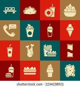 Set Sandwich, Soda can, Ice cream in waffle cone, Paper glass with drinking straw donut, Popcorn cardboard box, Food ordering, Sushi cutting and Glass of lemonade icon. Vector
