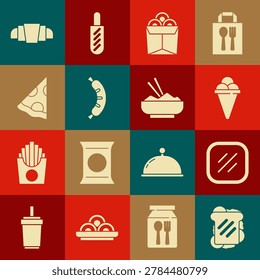 Set Sandwich, Steak meat, Ice cream in waffle cone, Noodles box, Hotdog, Slice of pizza, Croissant and Rice bowl with chopstick icon. Vector