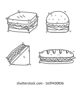 Set Of Sandwich Vector Illustration In Doodle Hand Drawn Style Isolated On White Background 