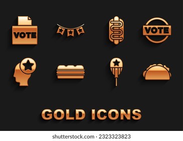 Set Sandwich, Vote, Taco with tortilla, Balloons, USA Head, Hotdog sandwich, box and Carnival garland flags icon. Vector
