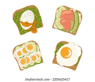 Set of sandwiches. Breakfast, sandwich with egg, avocado, cucumbers and red fish