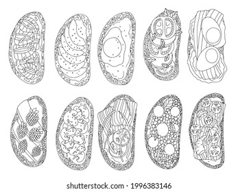 Set of sandwiches. Bruschetta Coloring. Healthy eating. Vegetarianism. Simple drawing in cartoon style. Vector illustration isolated on white background.