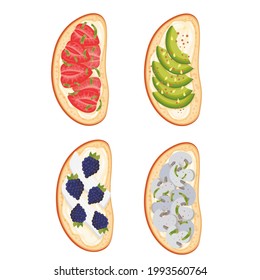 Set of sandwiches. Bruschetta. Healthy eating. Vegetarianism. Simple drawing in cartoon style. Vector illustration isolated on white background.