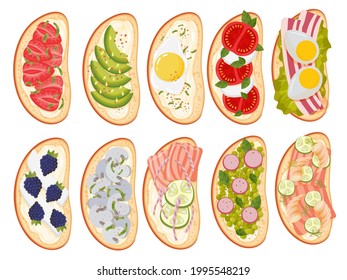 Set of sandwiches. Bruschetta. Healthy eating. Vegetarianism. Simple drawing in cartoon style. Vector illustration isolated on white background.