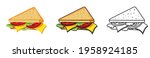 Set of sandwiches colored and uncolored. Fast food grilled bread toast club ham, tomato, cheese flat design isolated illustration on white background. Doodle style.