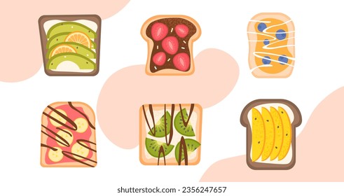 Set of sandwiches concept. Bread with vegetables and fruits. Traditional morning breakfast and food. Proper diet and nutrition. Cartoon flat vector collection isolated on white background