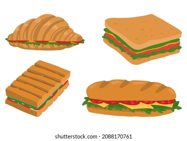 Set of sandwiches, croissant with tasty filling. Collection of fast food doodles. Hand drawn vector illustration in flat style. Cartoon cliparts isolated on white background.