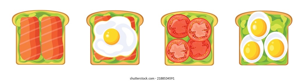 Set of sandwiches with different fillings isolated on a white background. Sandwiches with avocado and salmon, eggs and tomato. Vector illustration of toast in cartoon style