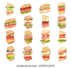 Sandwiches mit verschiedenen Zutaten. Geschnittenes Brot, Gemüse, Wurst, Käse und Grünkarikaturen, Vektorgrafik