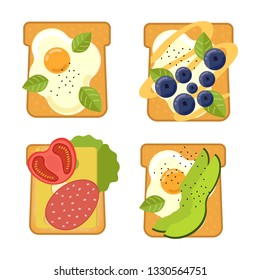 Set of sandwiches with different ingredients. Toast with avocado, salami, cheese, salmon, berries, strawberry, fig. Healthy food. Vector illustration.