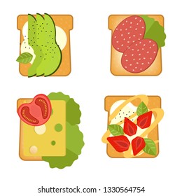 Set of sandwiches with different ingredients. Toast with avocado, salami, cheese, salmon, berries, strawberry, fig. Healthy food. Vector illustration.
