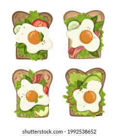 A set of sandwiches with egg, bacon, vegetables, herbs, tomatoes, cucumbers, a healthy breakfast and snack, bright colorful dishes