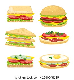 Set of sandwiches. Fast food. Vector illustration on white background