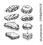 Set of  sandwiches filled with vegetables, cheese, meat, bacon. Vector illustration in sketch style. Fast food