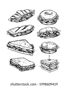 Sandwiches gefüllt mit Gemüse, Käse, Fleisch, Speck. Vektorgrafik im Skizzenstil. Fast Food