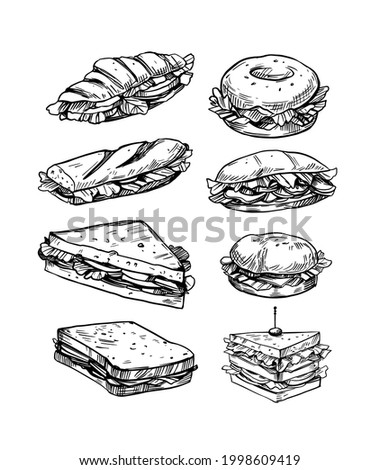 Set of  sandwiches filled with vegetables, cheese, meat, bacon. Vector illustration in sketch style. Fast food