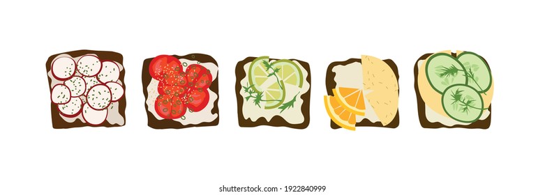 Set of sandwiches in flat style. Healthy food lifestyle. Toasts with tomatos radish cucumber citrus and cheese. Vector illustration on white background