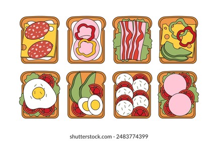 Set of sandwiches. Fried bread with vegetables and eggs. Healthy morning breakfast. Healthy eating and proper diet, nutrition. Linear flat vector collection isolated on white background
