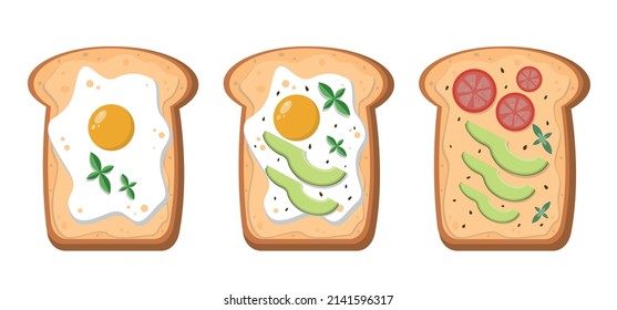 set of sandwiches with fried egg, tomato, avocado and basil on white background. Vector image